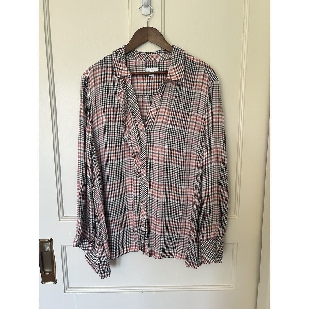 J. Jill Ruffle Plaid Blouse Womens Size 3X Pink Brown Casual Comfort Cowgirl - Picture 3 of 10